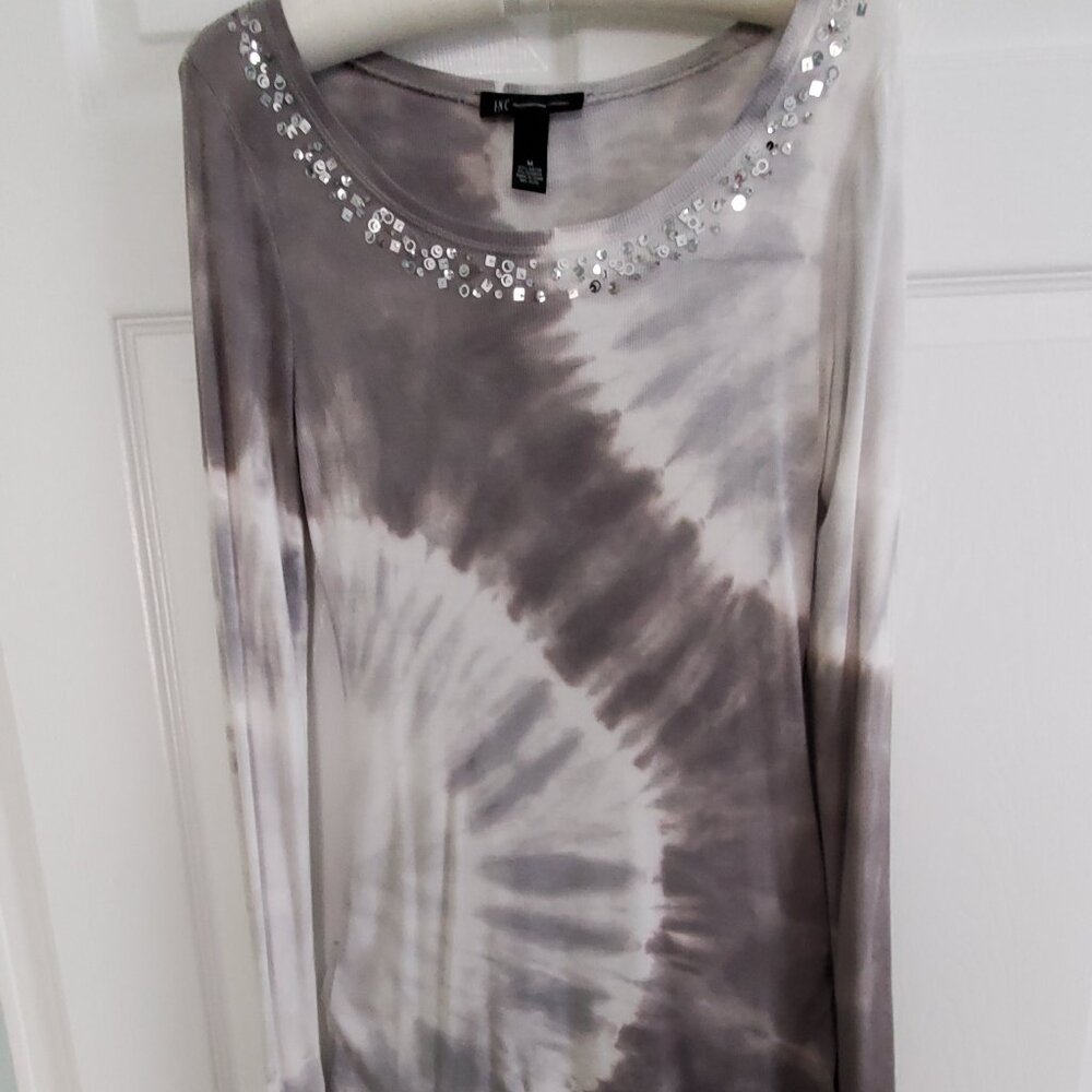 INC International Concepts Tie Dye Casual Top, Size M, Grey & White